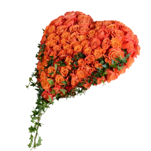Hjärtformad blomsterrang med orange rosor och gröna blad.